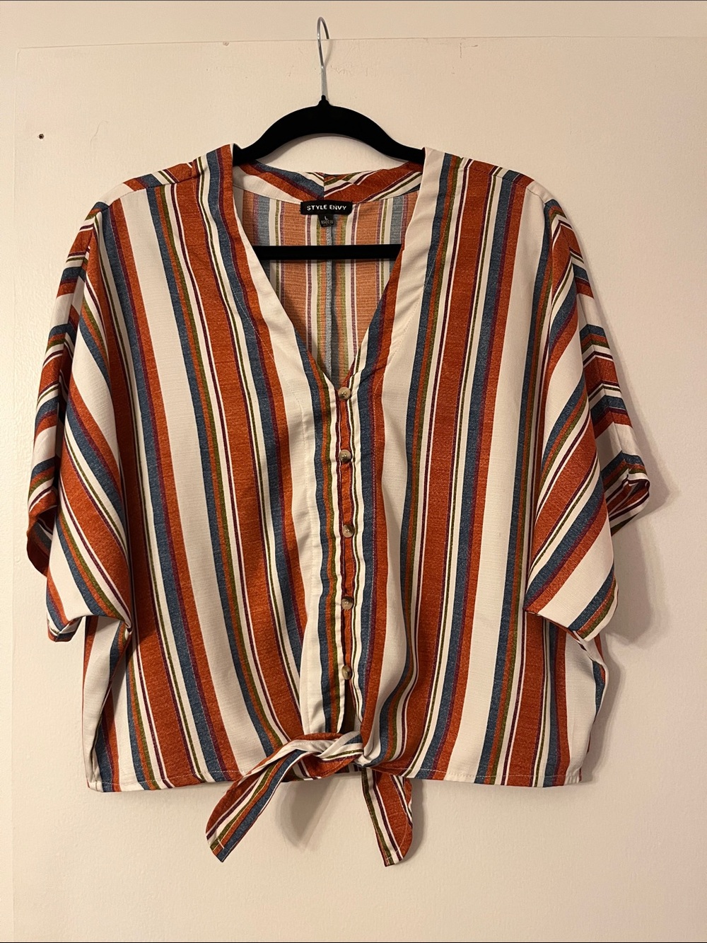 Style & Co. Rust, Navy & Cream Striped Tie-Front Button Top